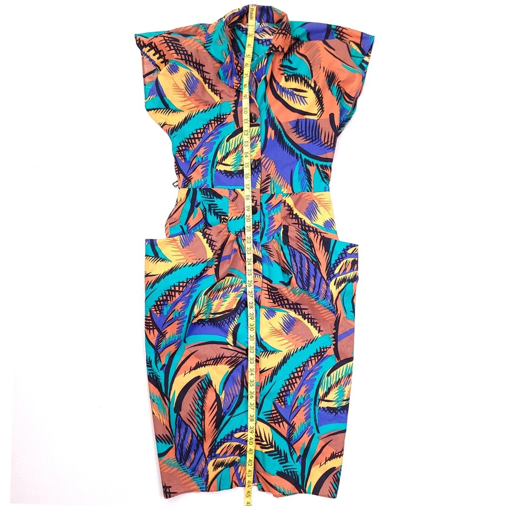 Vintage 80s Abstract Tropical Midi Dress Sleeveless Padded Shoulder Multicolor - Picture 5 of 10